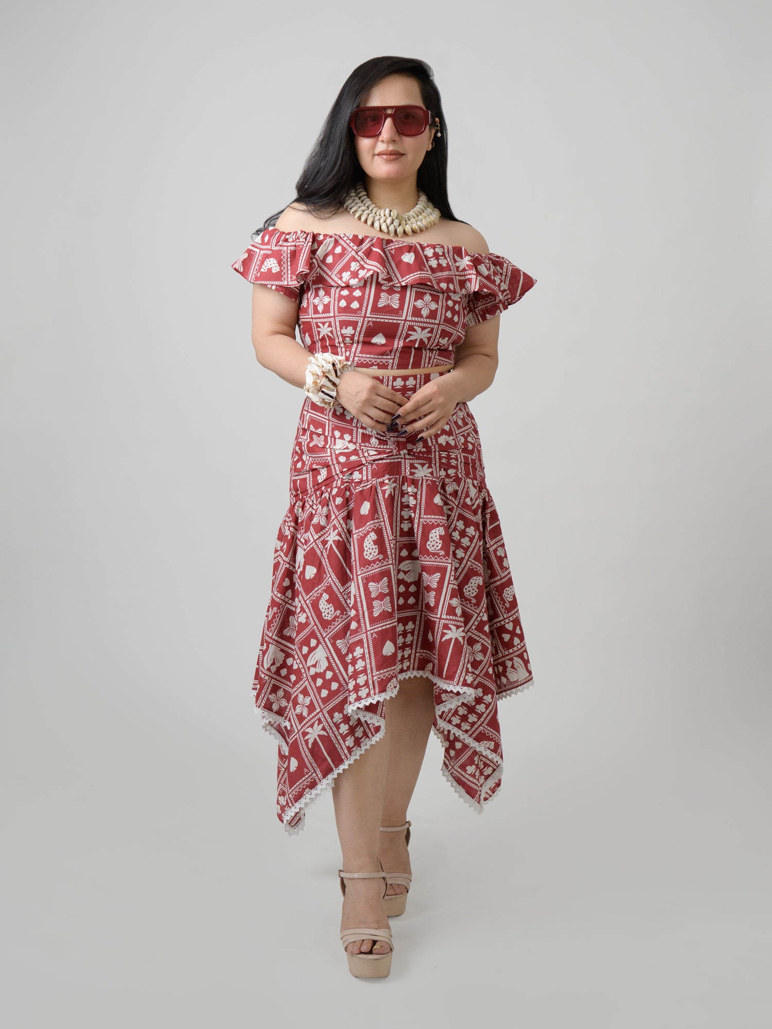 Rust cotton printed co-ord skirt set