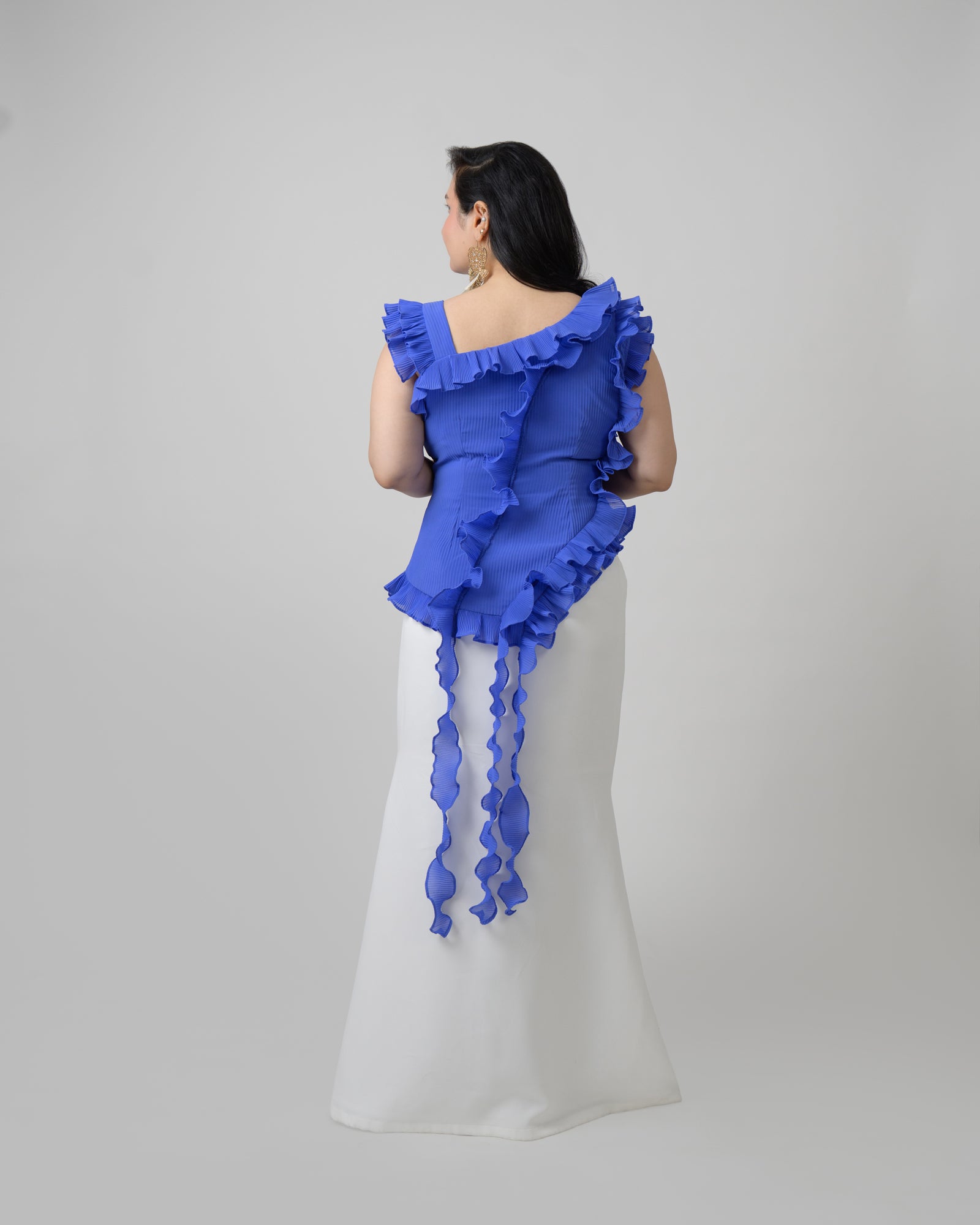 Royal blue pleated georgette top with flared skirt
