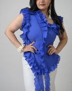 Royal blue pleated georgette top with flared skirt