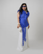 Royal blue pleated georgette top with flared skirt