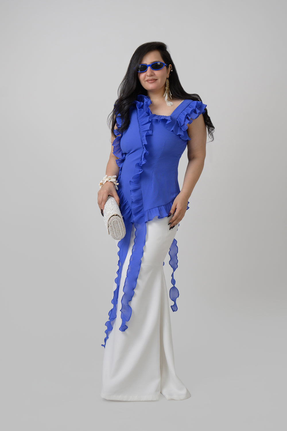 Blue Pleated Top & Fish Cut Skirt Set