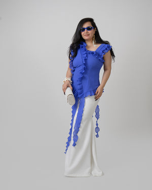 Royal blue pleated georgette top with flared skirt