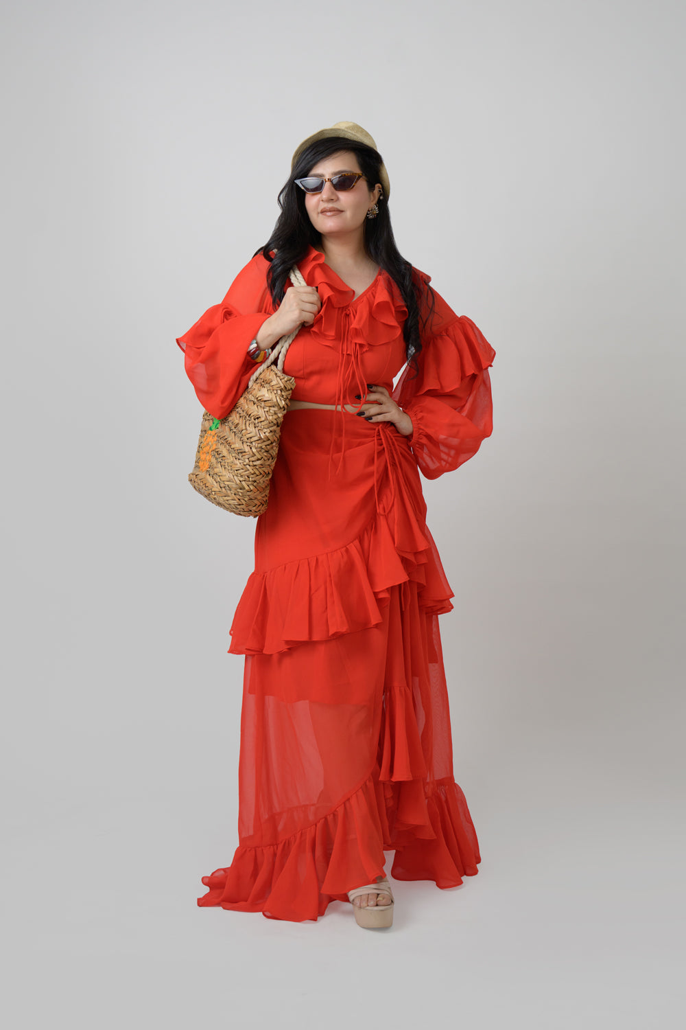 Red georgette frill co-ord skirt set