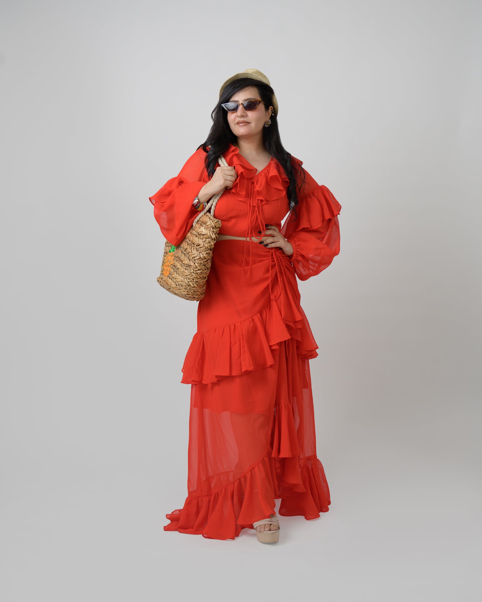 Red georgette frill co-ord skirt set