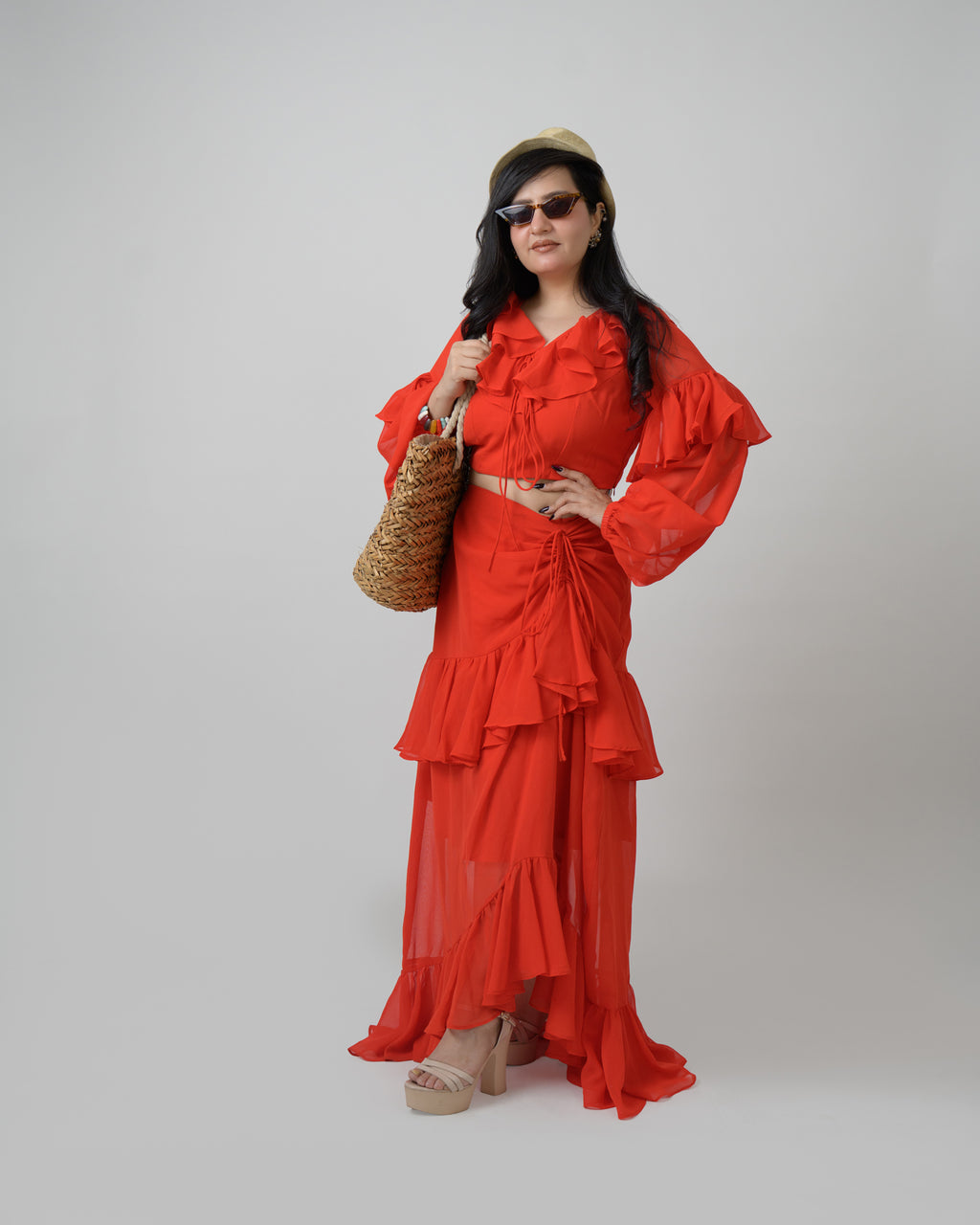Red georgette frill co-ord skirt set