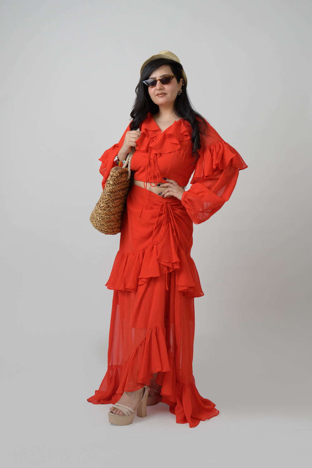 Red georgette frill co-ord skirt set