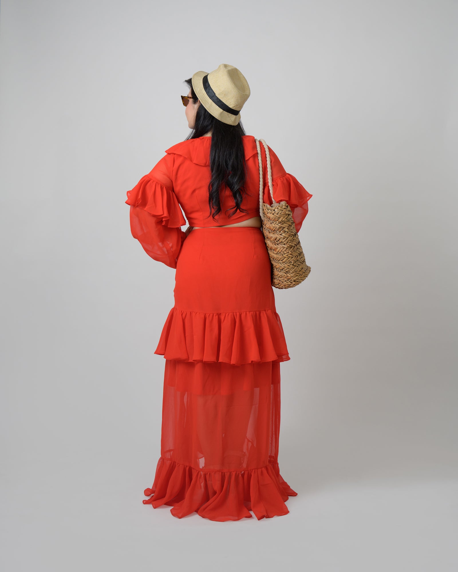 Red georgette frill co-ord skirt set