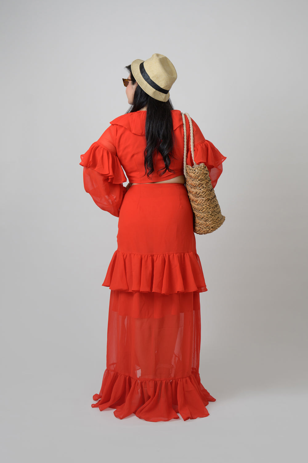 Red georgette frill co-ord skirt set