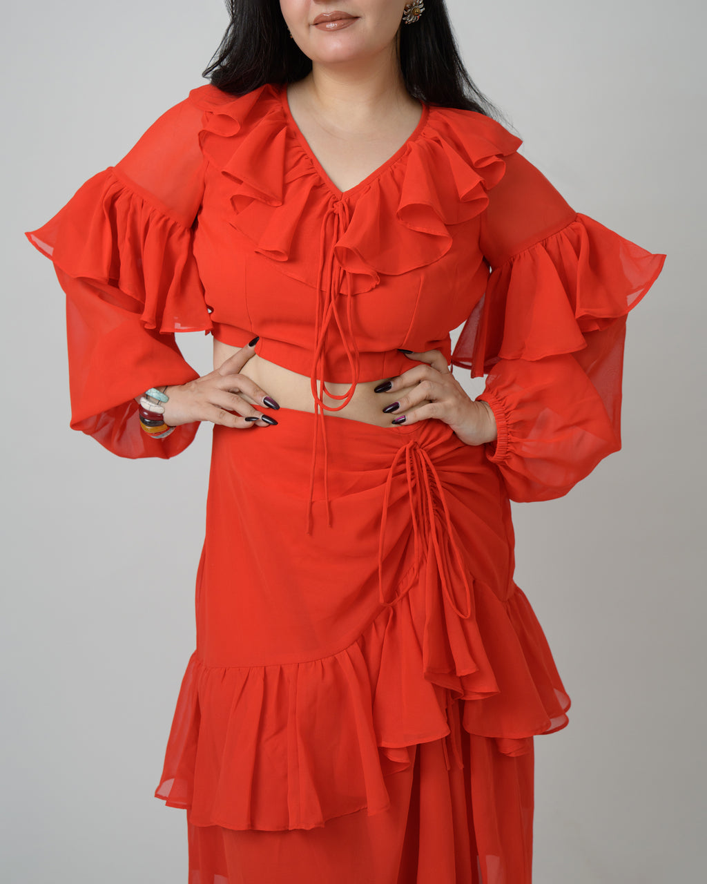 Red georgette frill co-ord skirt set