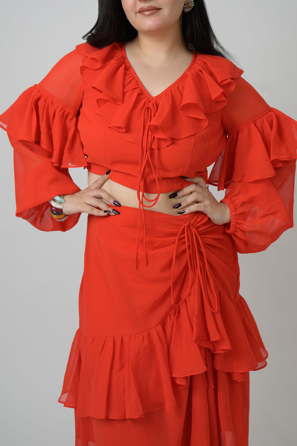 Red georgette frill co-ord skirt set