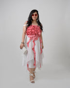 Red & white georgette asymmetrical frill dress