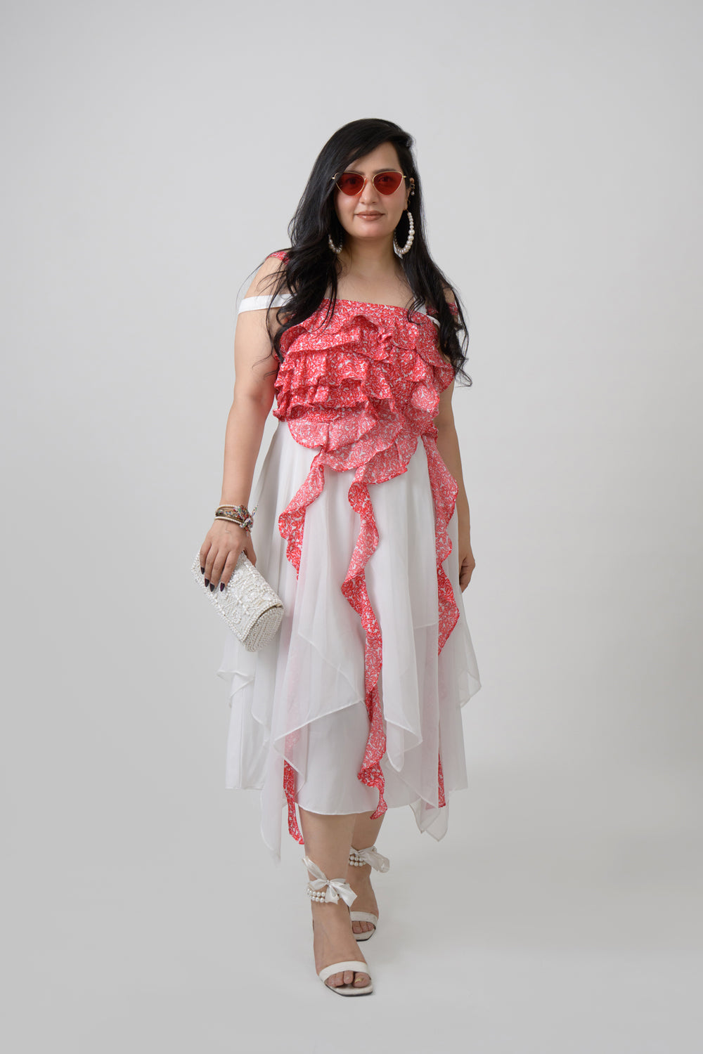 Red & white georgette asymmetrical frill dress