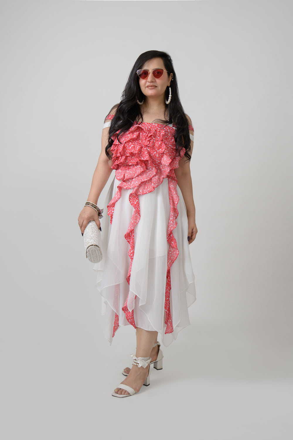 Red & white georgette asymmetrical frill dress