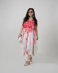 Red & white georgette asymmetrical frill dress