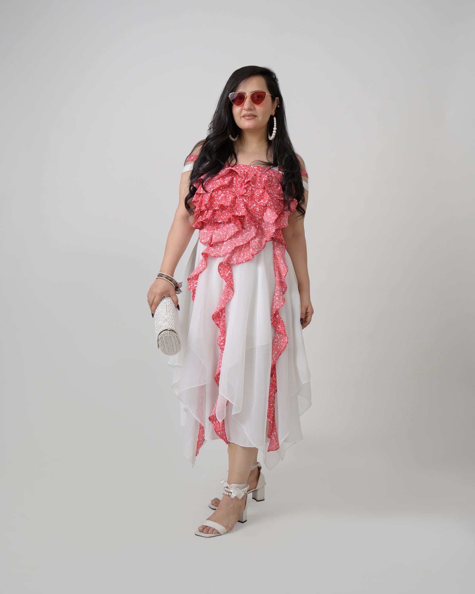 Red & white georgette asymmetrical frill dress
