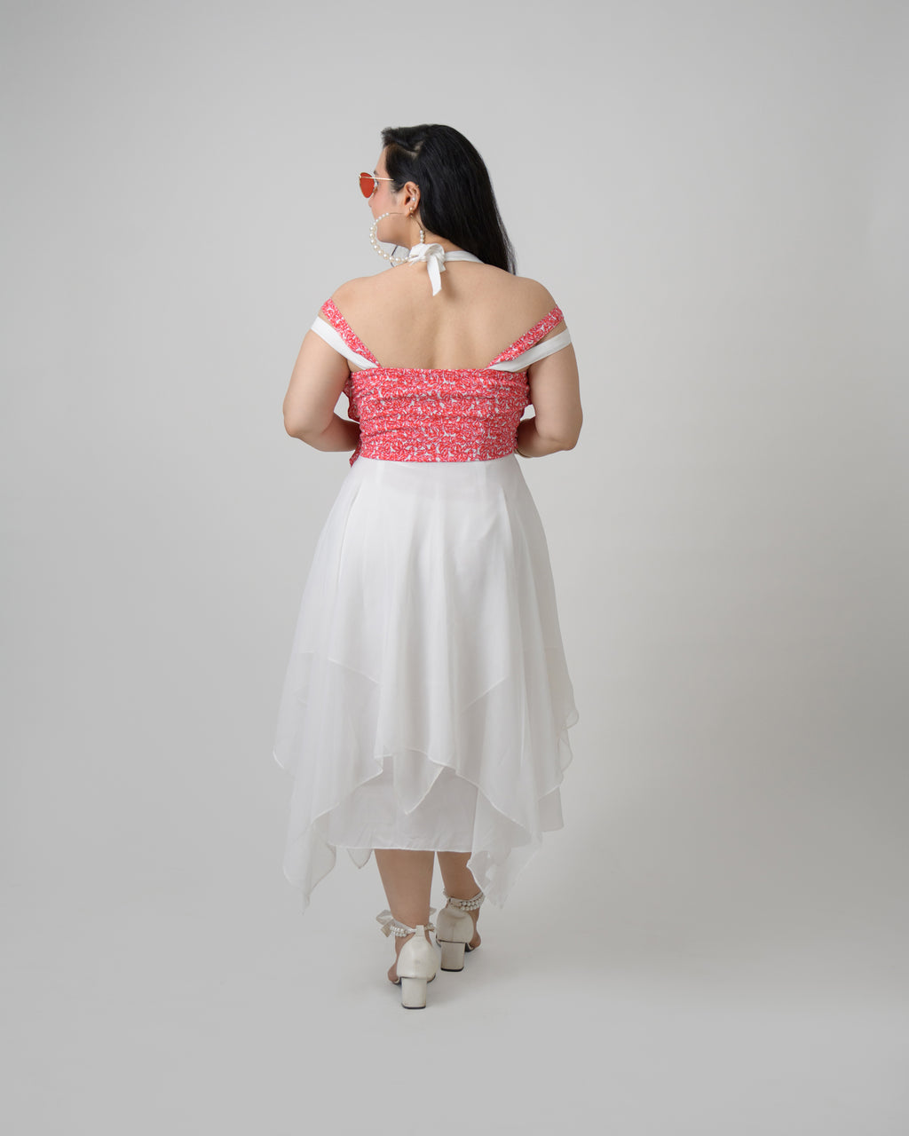 Red & white georgette asymmetrical frill dress