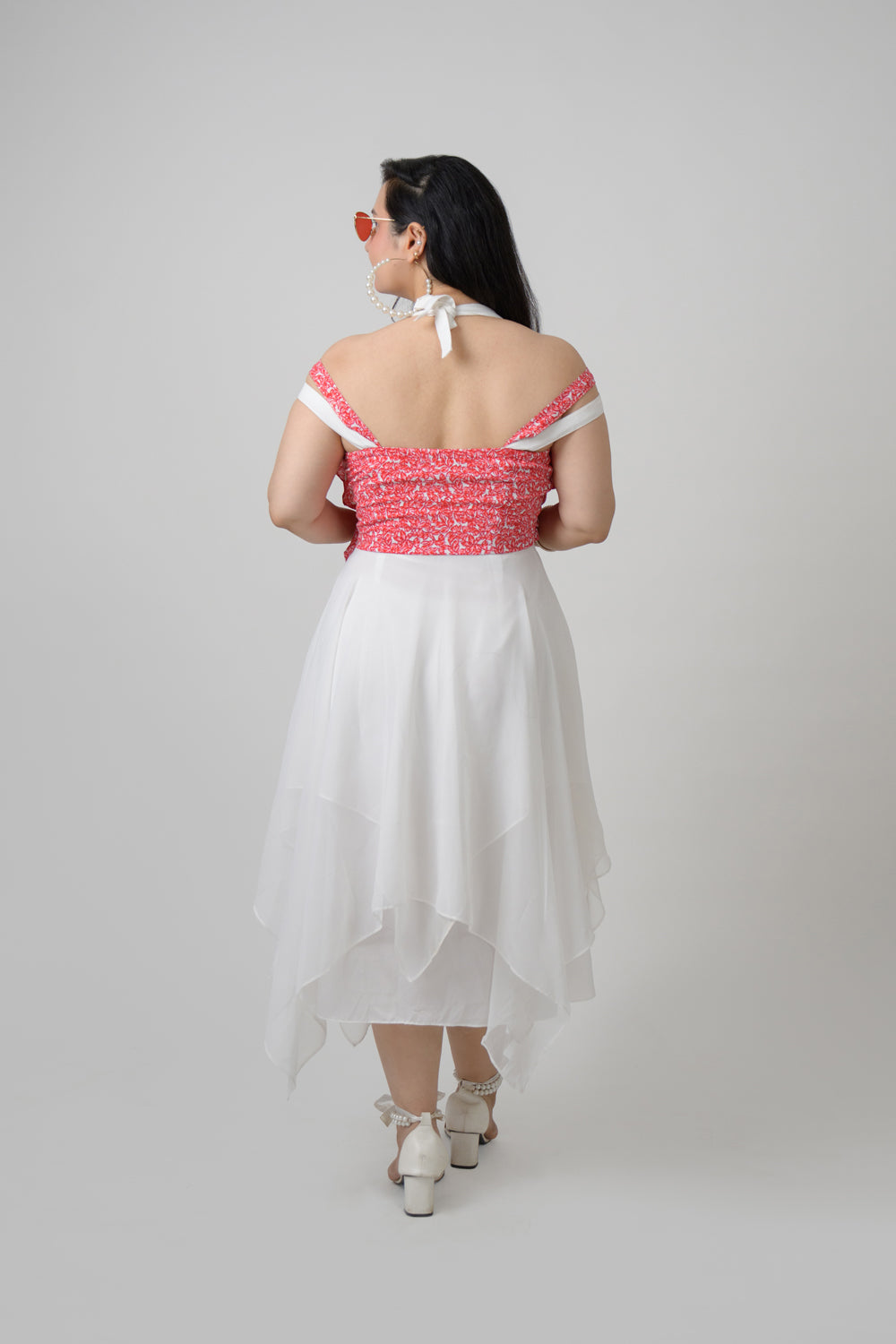 Red & white georgette asymmetrical frill dress
