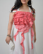 Red & white georgette asymmetrical frill dress
