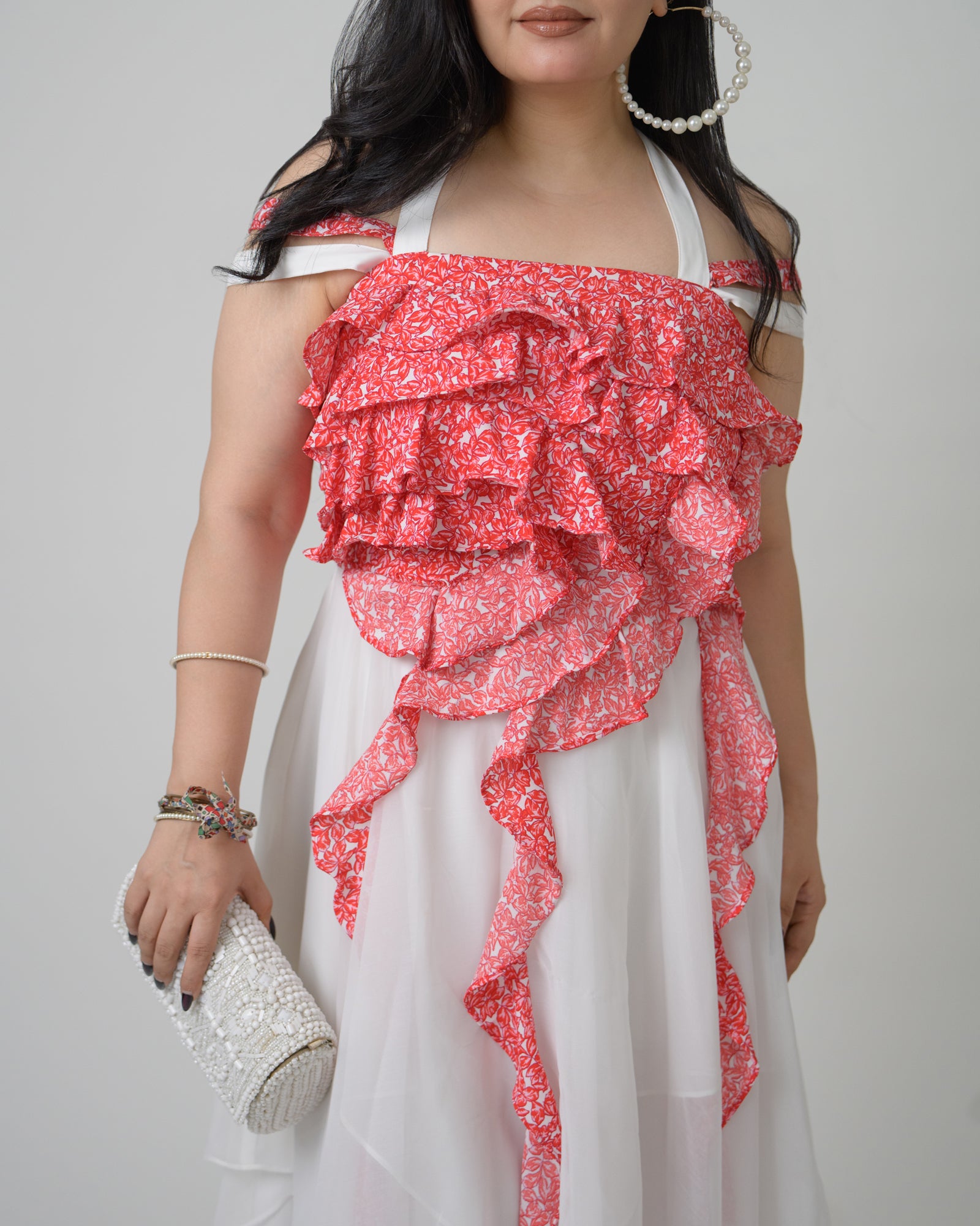 Red & white georgette asymmetrical frill dress