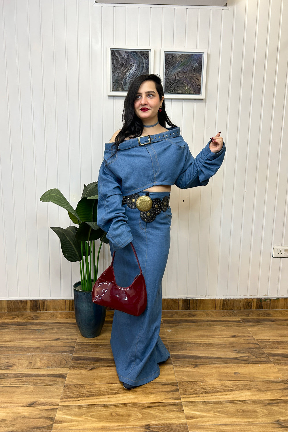 Denim Off Shoulder Top with Skirt Set