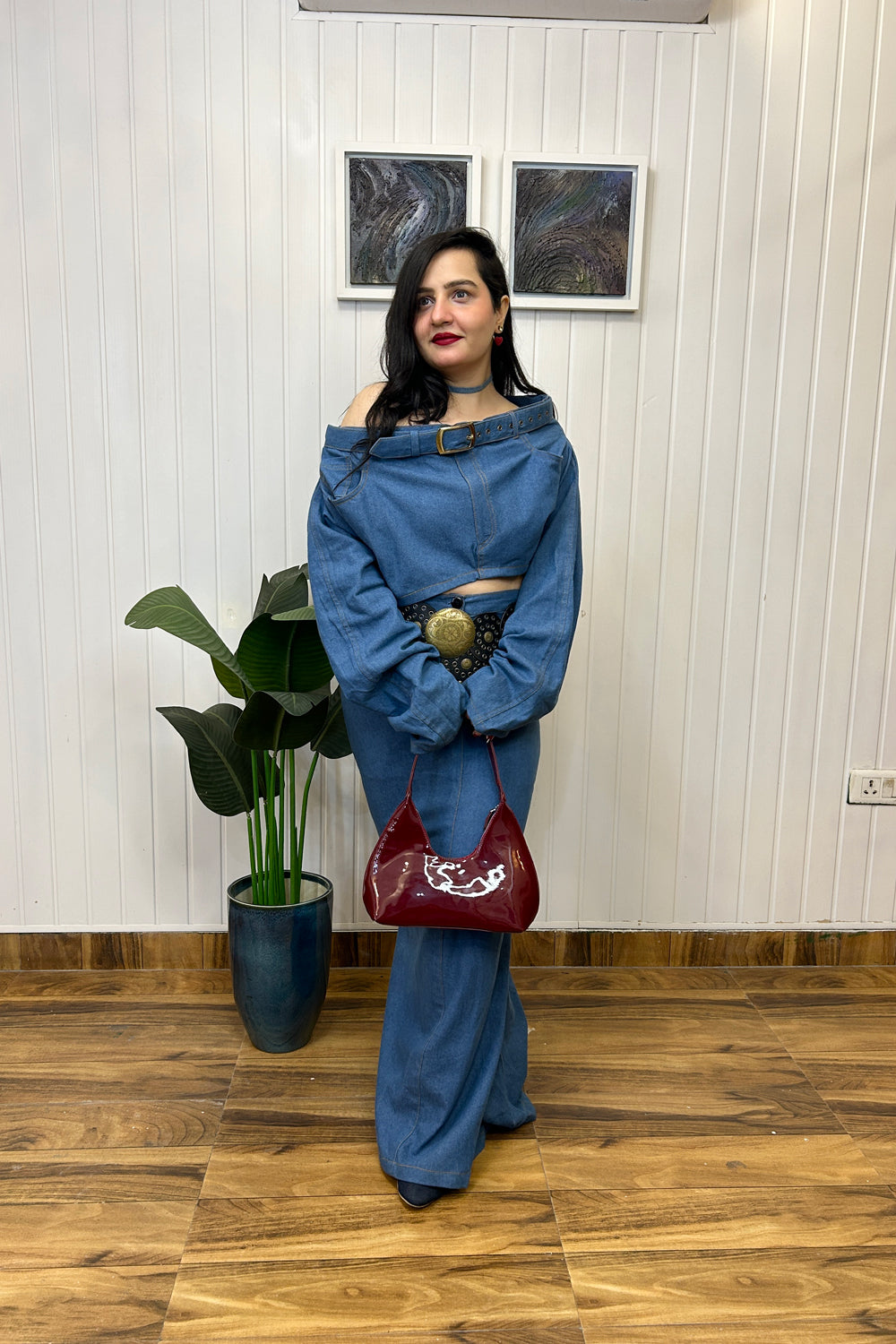 Denim Off Shoulder Top with Skirt Set