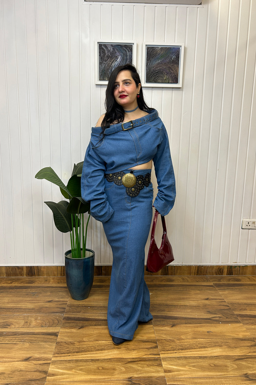 Denim Off Shoulder Top with Skirt Set