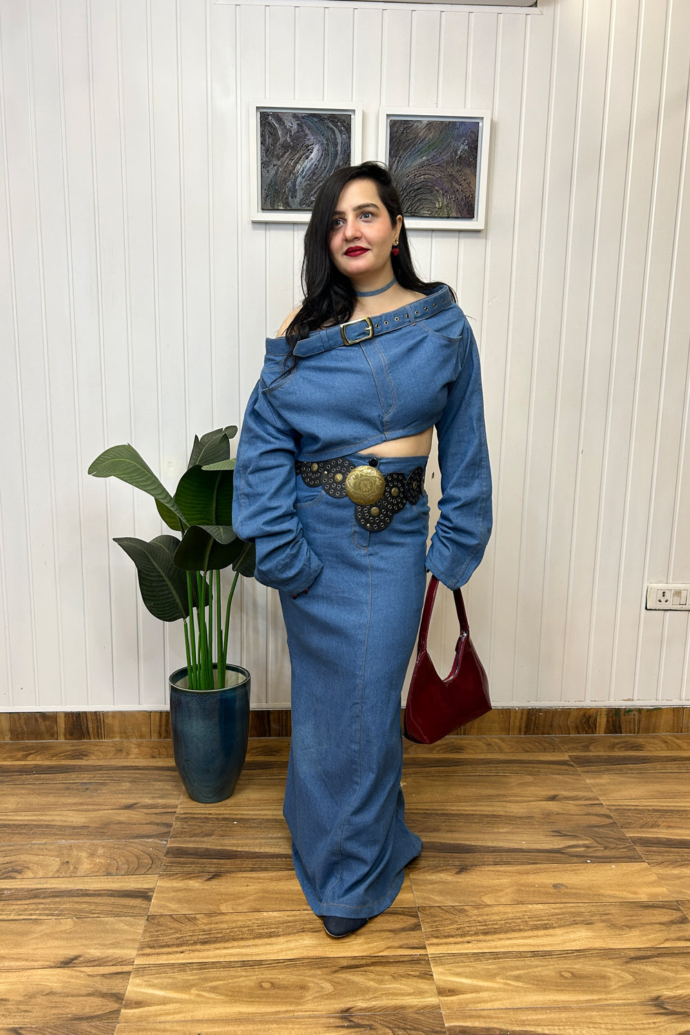Denim Off Shoulder Top with Skirt Set