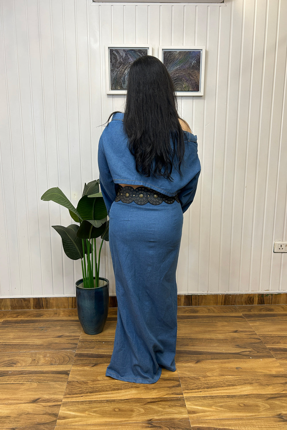 Denim Off Shoulder Top with Skirt Set