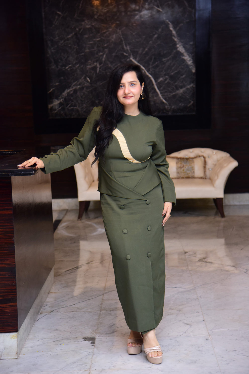 Olive Net Panel Slit Dress