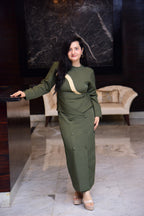 Olive Net Panel Slit Dress