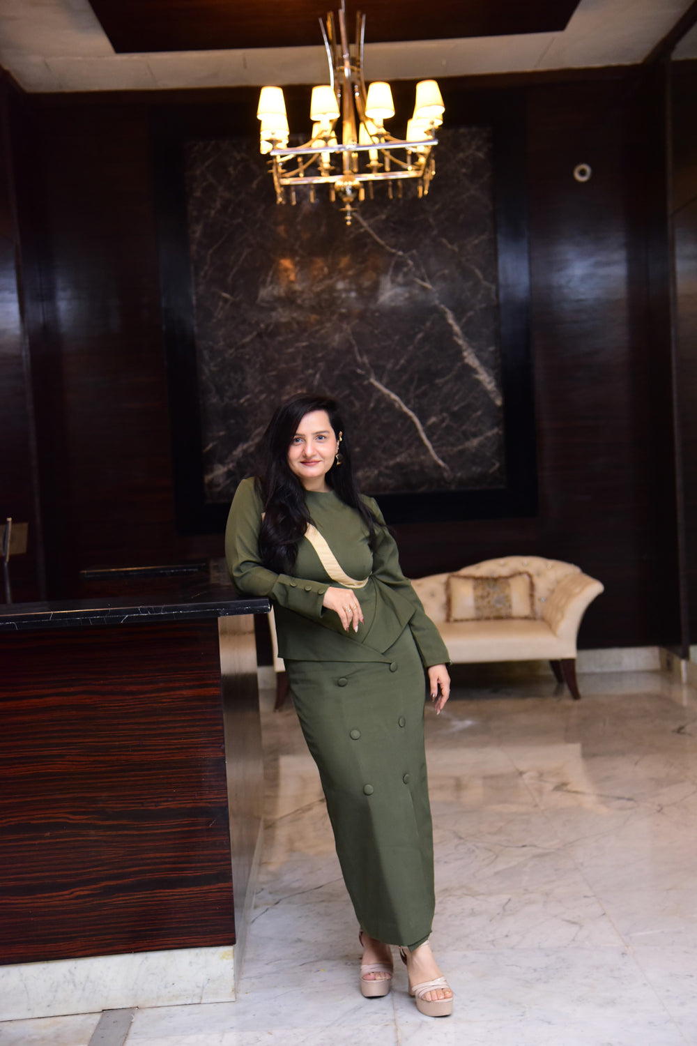 Olive Net Panel Slit Dress