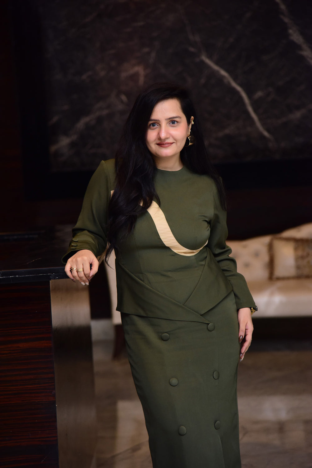 Olive Net Panel Slit Dress