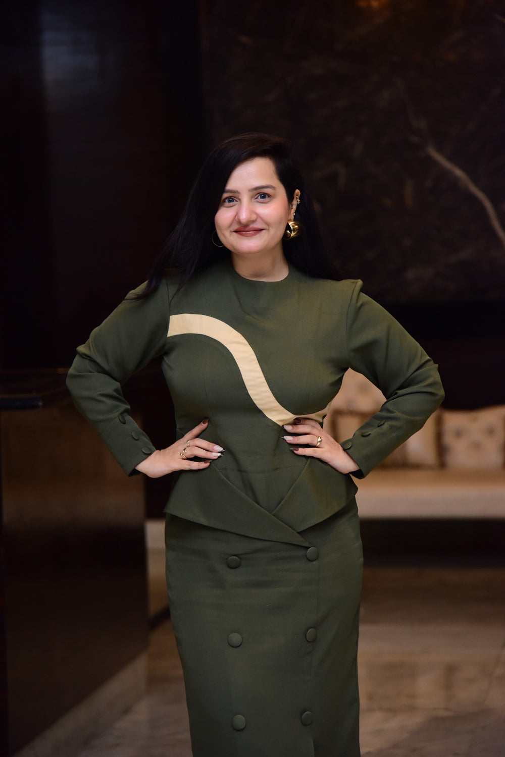 Olive Net Panel Slit Dress