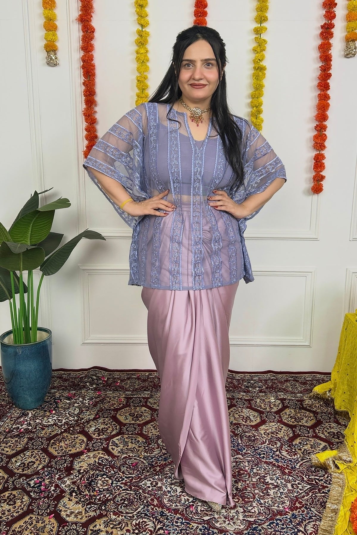 Pink Draped Skirt with Grey Kaftan Top