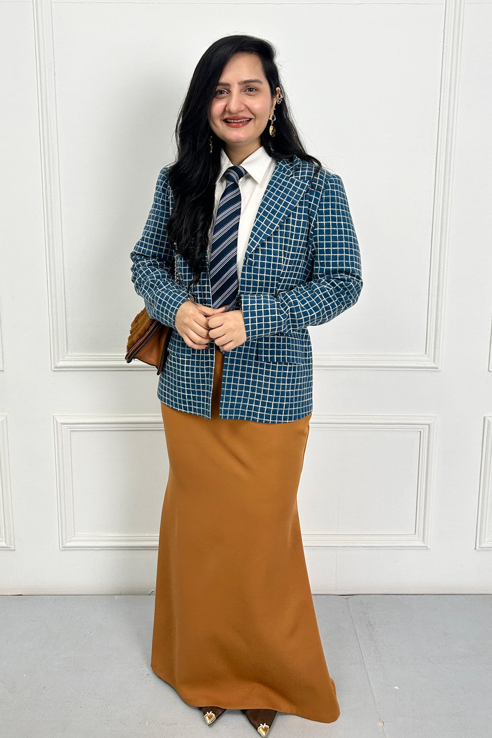 Blue & Brown Check Coat & Shirt With Skirt Set