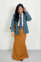 Blue & Brown Check Coat & Shirt With Skirt Set