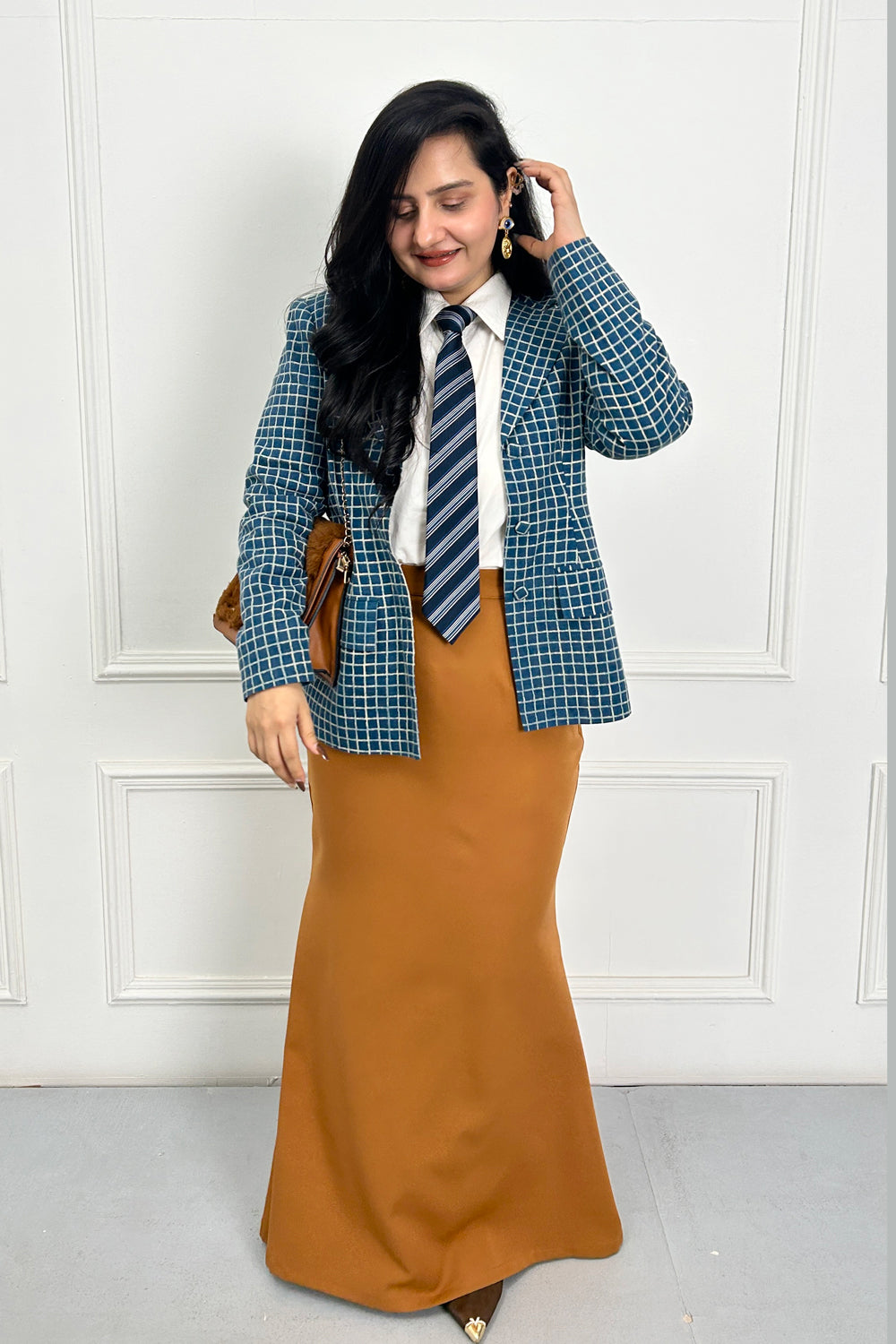 Blue & Brown Check Coat & Shirt With Skirt Set