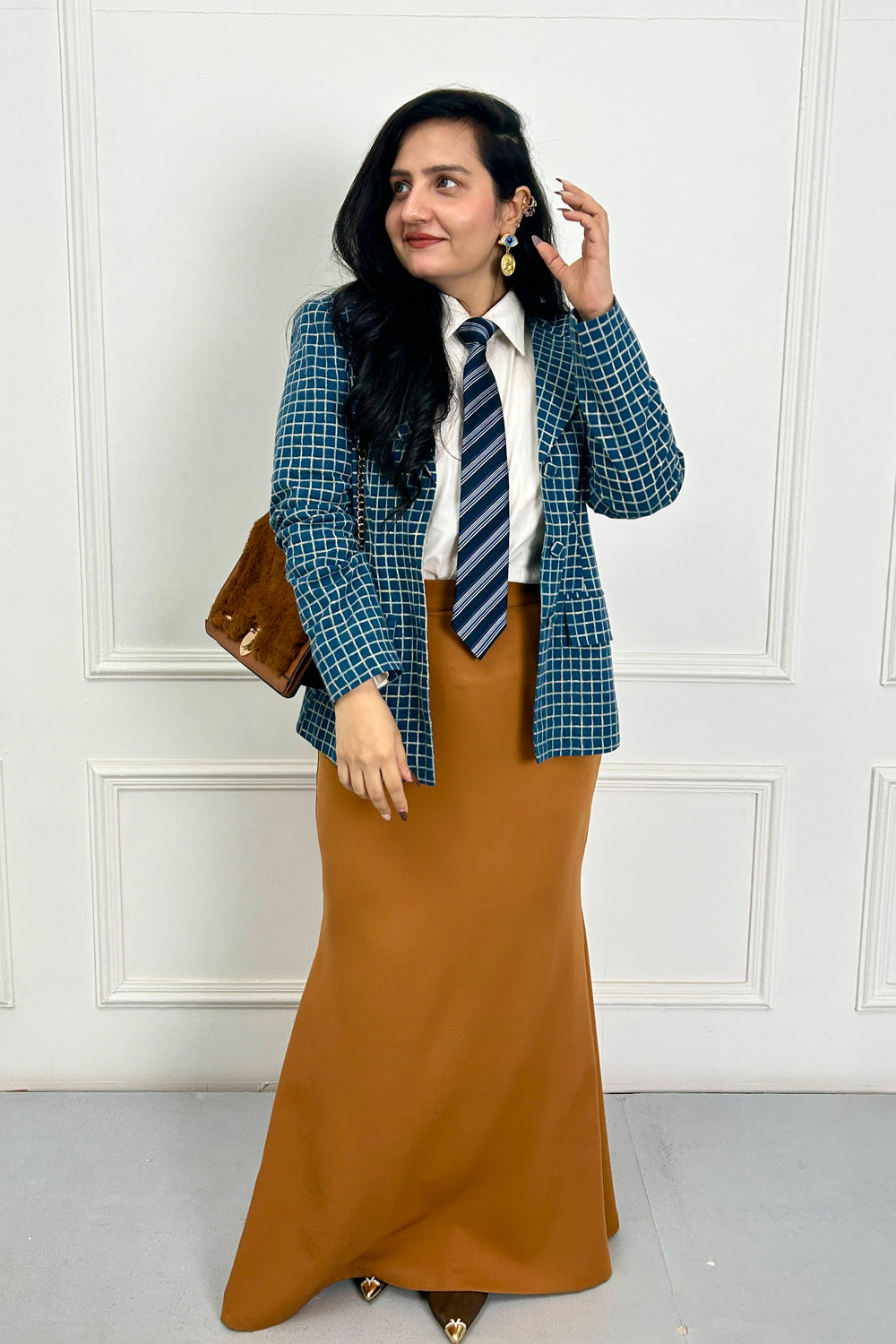 Blue & Brown Check Coat & Shirt With Skirt Set