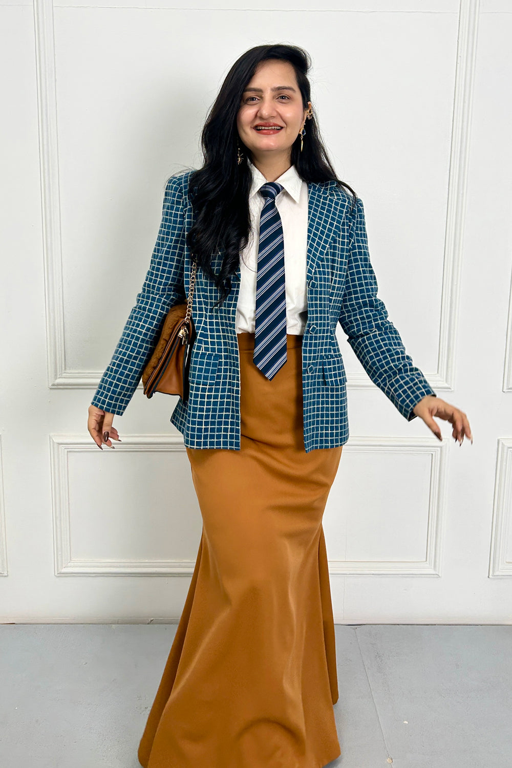 Blue & Brown Check Coat & Shirt With Skirt Set