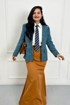 Blue & Brown Check Coat & Shirt With Skirt Set