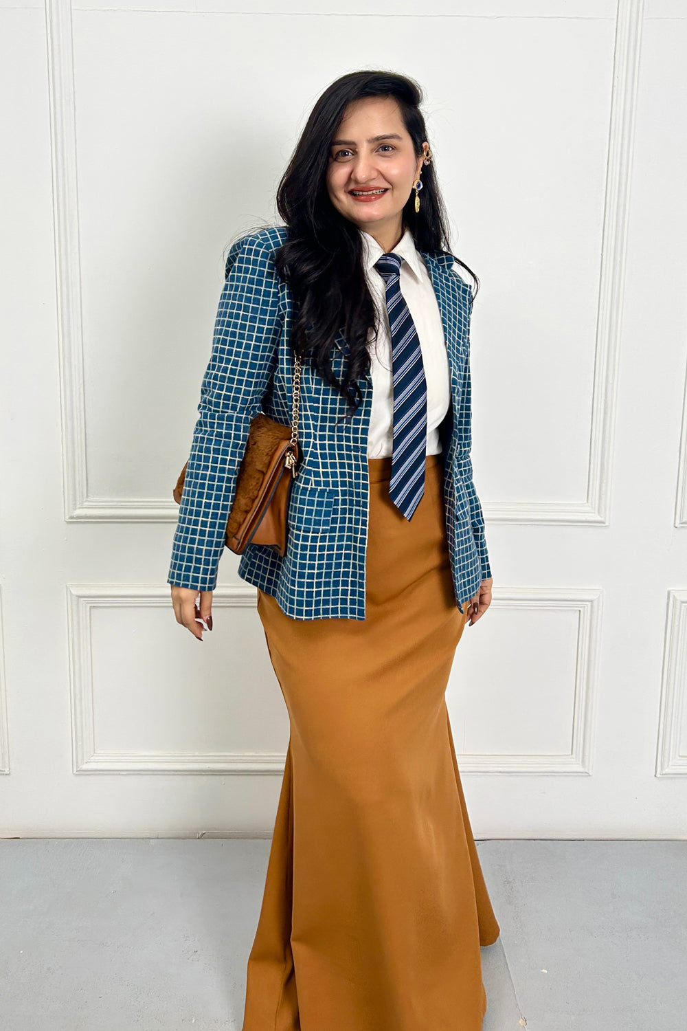 Blue & Brown Check Coat & Shirt With Skirt Set