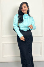 Blue statement shirt with lace skirt set