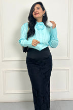 Blue statement shirt with lace skirt set
