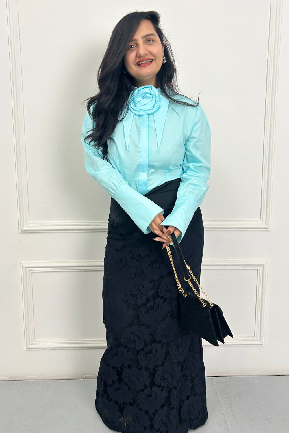 Blue statement shirt with lace skirt set