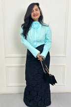Blue statement shirt with lace skirt set