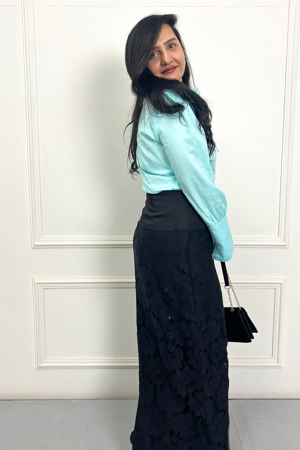 Blue statement shirt with lace skirt set