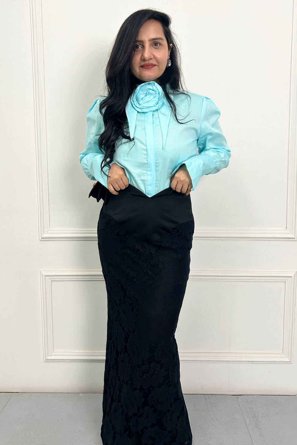 Blue statement shirt with lace skirt set