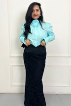 Blue statement shirt with lace skirt set