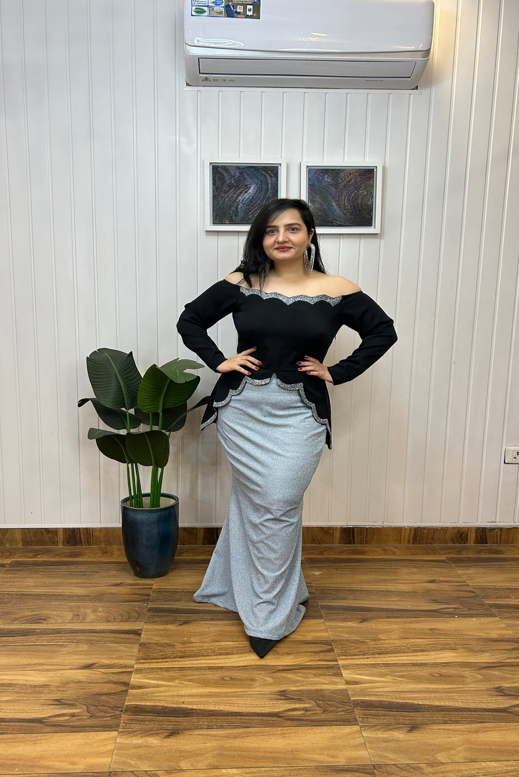 Black Scalloped Embroidered Top with Shimmer Skirt