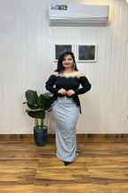 Black Scalloped Embroidered Top with Shimmer Skirt